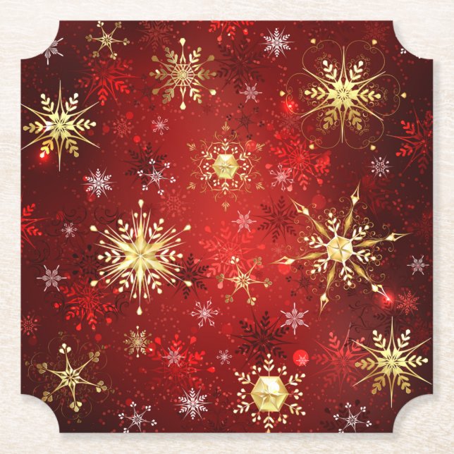 Dessous-de-verre En Papier Noël Golden Snowflakes sur Arrière - plan rouge (Devant)