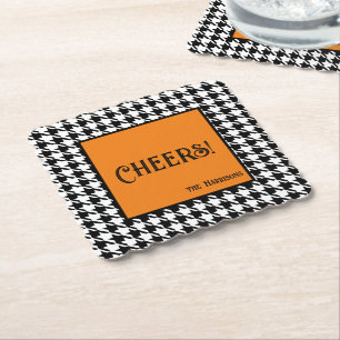 Dessous-de-verre En Papier Nom & À votre santé ! Orange Noir Blanc Damier