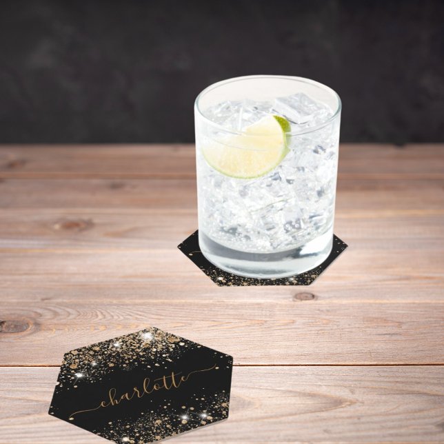 Dessous-de-verre En Papier Nom en écriture pailletée or noir (Créateur téléchargé)