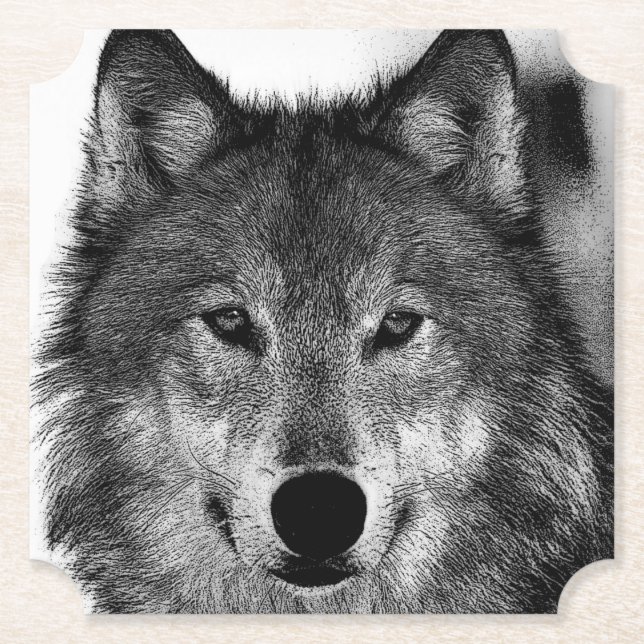 Dessous-de-verre En Papier Oeuvre de Loup noir et blanc (Devant)