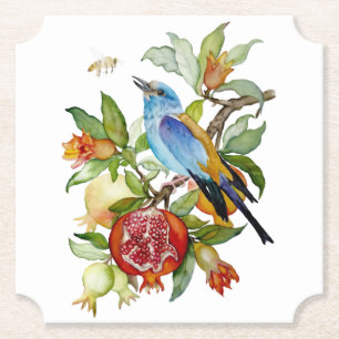 Dessous-de-verre En Papier Oiseau bleu parmi les grenades Botanique à l'aquar