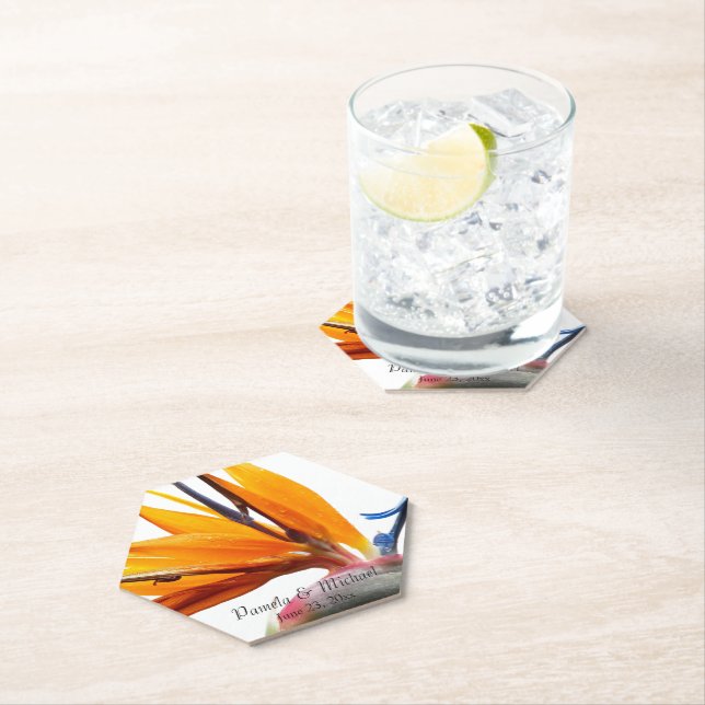 Dessous-de-verre En Papier Oiseau tropical du Paradis Plante Mariage floral (En situation)