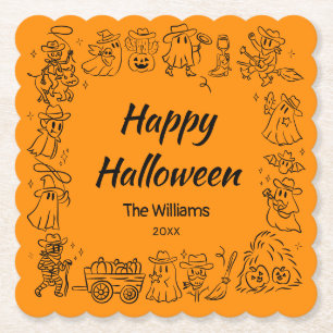Dessous-de-verre En Papier Orange Quirky Doodles Dessiné Main Happy Halloween