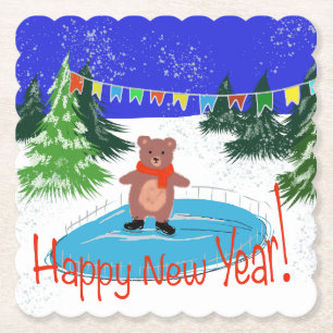 Dessous-de-verre En Papier Ours drôle sur les patins d'hiver