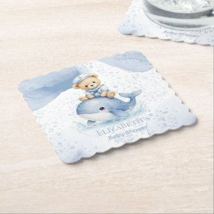 Dessous-de-verre En Papier Ours en peluche bleu sur invitation de Baby Shower