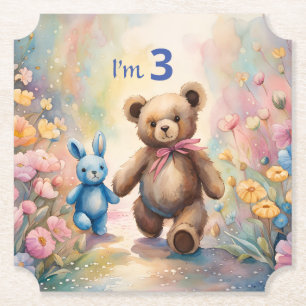 Dessous-de-verre En Papier Ours en peluche et lapin dans un jardin pastel