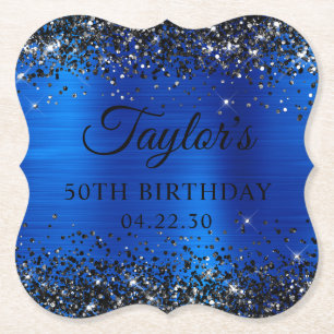 Dessous-de-verre En Papier Paillettes noires bleu royal Feuille 50e anniversa