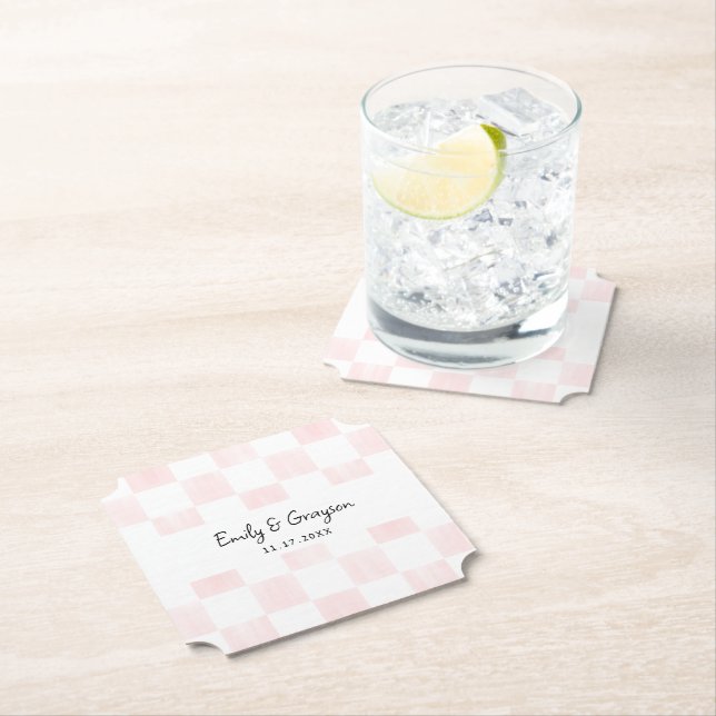 Dessous-de-verre En Papier Painted Pink Checkerboard Pattern Wedding (En situation)