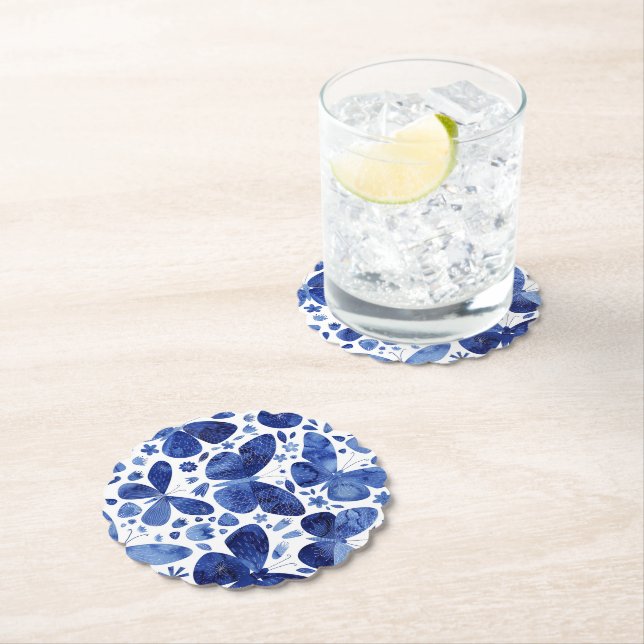 Dessous-de-verre En Papier Papillons Aquarelle Indigo Blue (En situation)