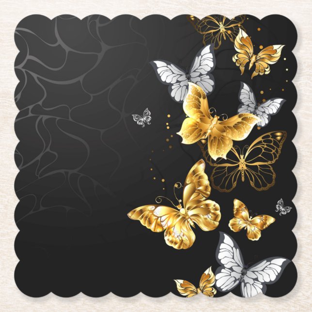 Dessous-de-verre En Papier Papillons blancs et dorés (Devant)