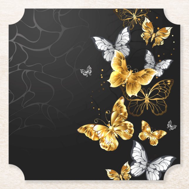 Dessous-de-verre En Papier Papillons blancs et dorés (Devant)