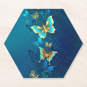 Dessous-de-verre En Papier Papillons d'or sur un Arrière - plan bleu
