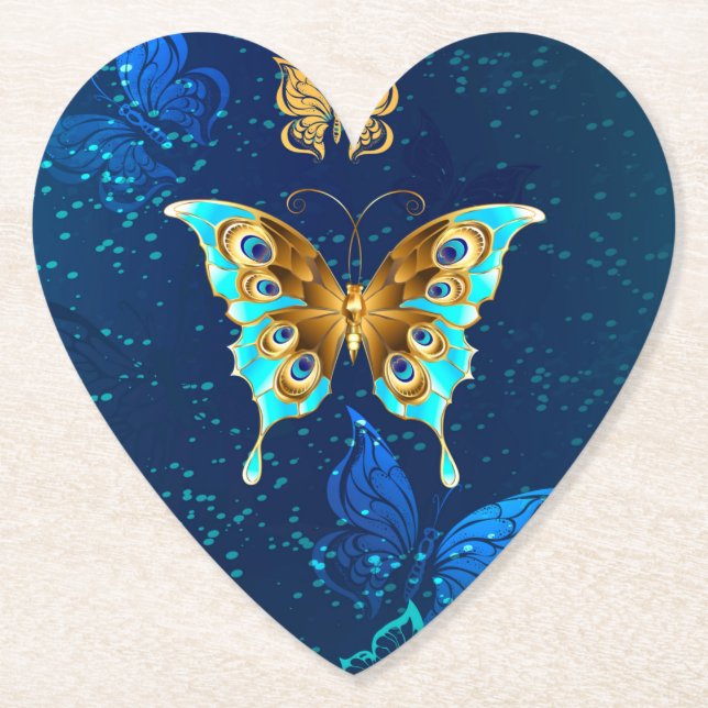 Dessous-de-verre En Papier Papillons d'or sur un Arrière - plan bleu (Devant)