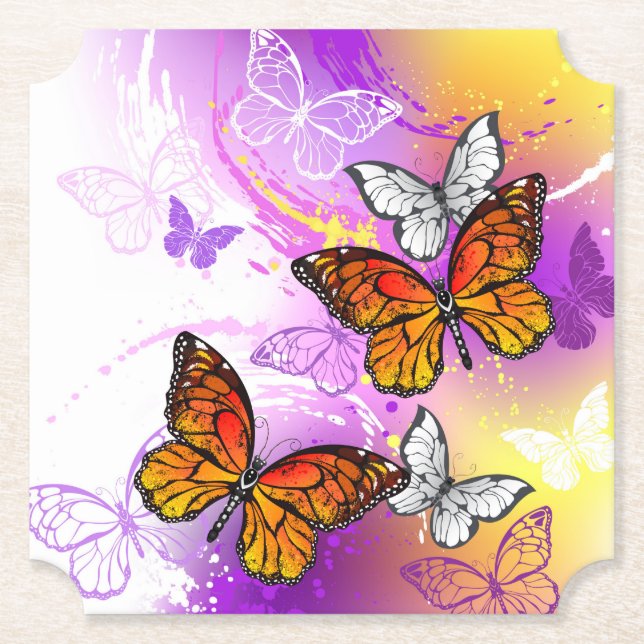 Dessous-de-verre En Papier Papillons Monarque sur Arrière - plan pourpre (Devant)