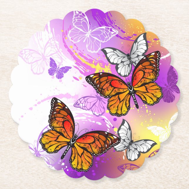 Dessous-de-verre En Papier Papillons Monarque sur Arrière - plan pourpre (Devant)