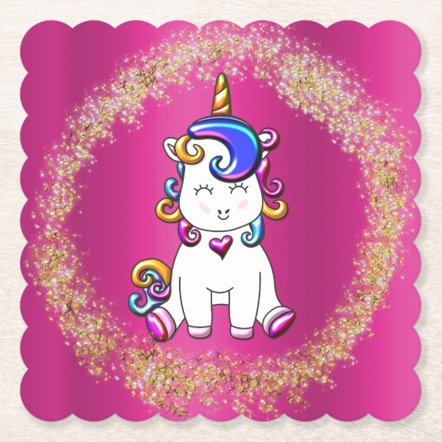 Dessous-de-verre En Papier Parties scintillant colorée Unicorn rose (Devant)