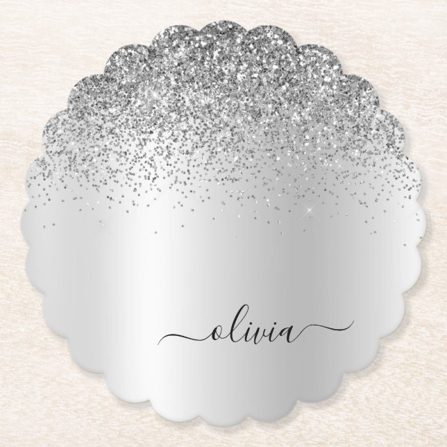 Dessous-de-verre En Papier Parties scintillant Monogramme Argent Sparkle Girl (Devant)