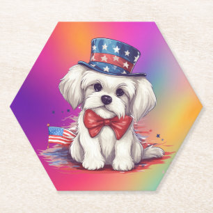 Dessous-de-verre En Papier Patriotique 4 juillet Blanc Chiot Mignon-43568