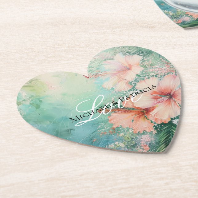 Dessous-de-verre En Papier Pêche tropicale Hibiscus blanc Mariage floral (Incliné)