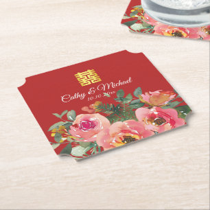 Dessous-de-verre En Papier Peony floral double bonheur chinois mariage rouge