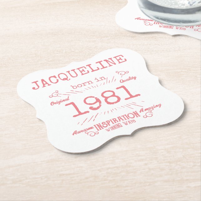 Dessous-de-verre En Papier Personnalisé 40e anniversaire 1981 Rose Blanc Élég (Incliné)