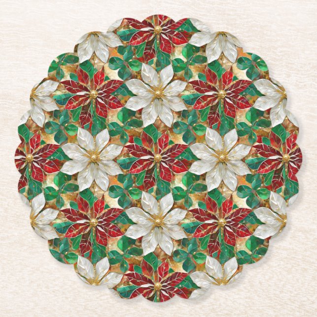 Dessous-de-verre En Papier Poinsététie blanche rouge vert or (Devant)