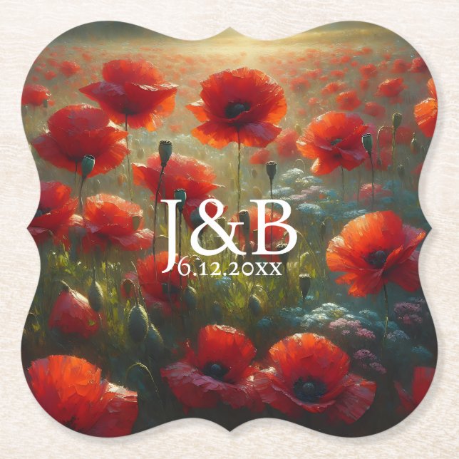 Dessous-de-verre En Papier Poppies rouges Floral Mariage Personnalisé (Devant)