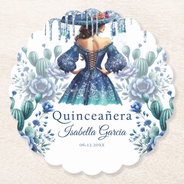 Dessous-de-verre En Papier Quinceañera Personnalisée Aquarelle Bleu Mexicaine (Devant)