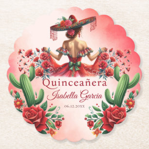 Dessous-de-verre En Papier Quinceañera Personnalisée Aquarelle Rouge Mexicain