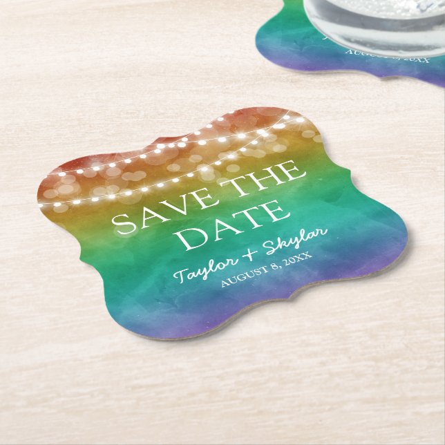Dessous-de-verre En Papier Rainbow Ombre Gay Wedding Enregistrer la date (Incliné)