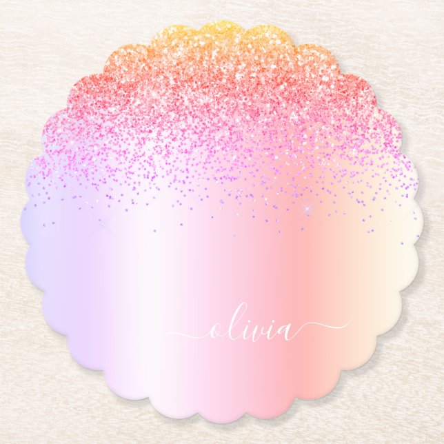 Dessous-de-verre En Papier Rainbow Pastel Girly Parties scintillant Metal Nom (Devant)