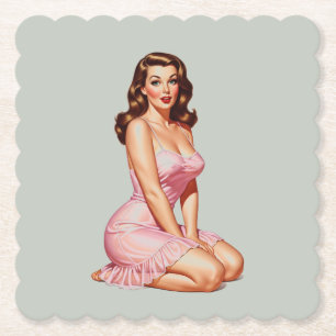 Dessous-de-verre En Papier Retro Brunette Pin-up Girl en rose