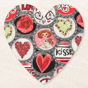 Dessous-de-verre En Papier Retro Red Floral Hearts True Love Valentine's Day