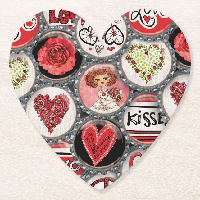 Dessous-de-verre En Papier Retro Red Floral Hearts True Love Valentine's Day (Devant)