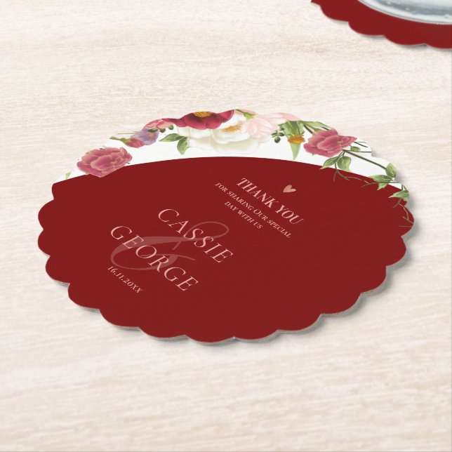 Dessous-de-verre En Papier Romantic Burgundy Floral Wedding Thank You Message (Incliné)