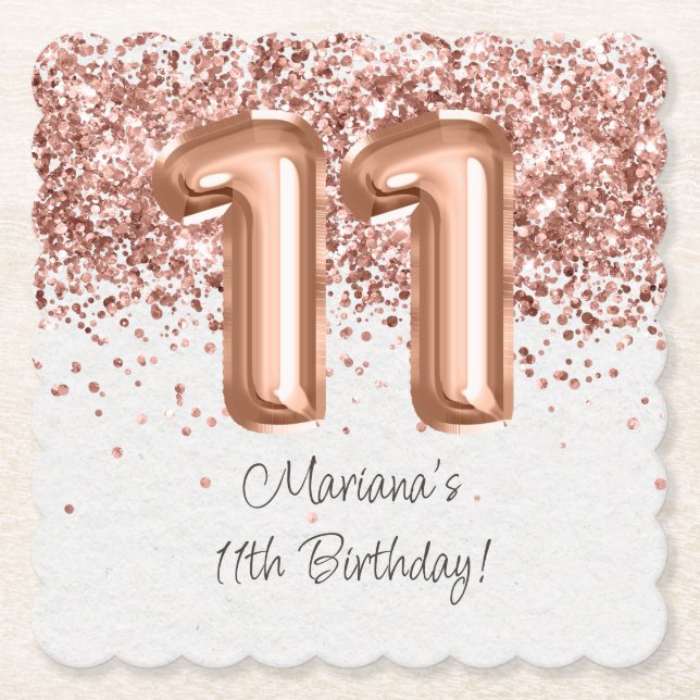 Dessous-de-verre En Papier Rose Gold 11e fête d'anniversaire (Devant)