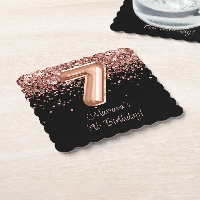 Dessous-de-verre En Papier Rose Gold Black 7e fête d'anniversaire (Incliné)