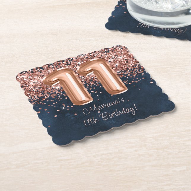 Dessous-de-verre En Papier Rose Gold Navy Blue 11e fête d'anniversaire (Incliné)
