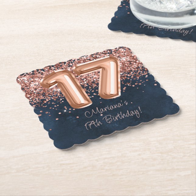 Dessous-de-verre En Papier Rose Gold Navy Blue 17th Birthday Party (Incliné)
