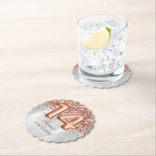 Dessous-de-verre En Papier Rose Gold Silver 14e fête d'anniversaire