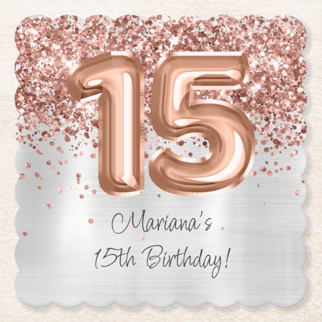 Dessous-de-verre En Papier Rose Gold Silver 15e fête d'anniversaire (Devant)