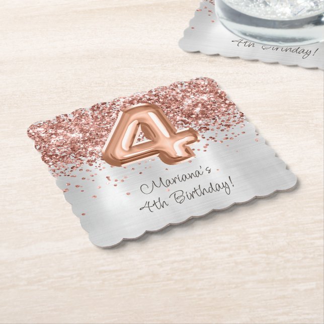 Dessous-de-verre En Papier Rose Gold Silver 4e fête d'anniversaire (Incliné)