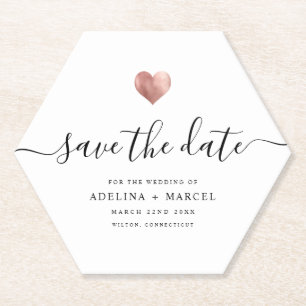Dessous-de-verre En Papier Rose moderne Gold Heart Enregistrer la date