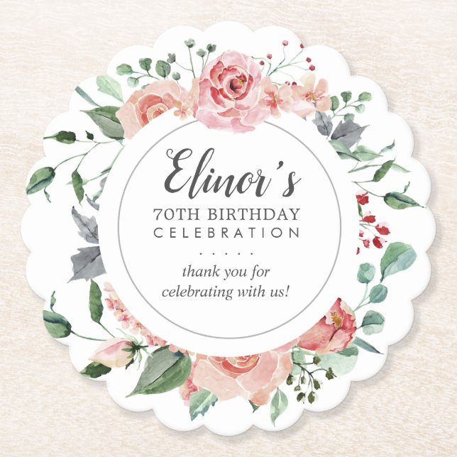 Dessous-de-verre En Papier Rose rose Floral 70e anniversaire Merci (Devant)