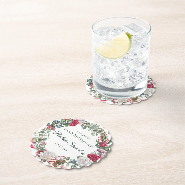 Dessous-de-verre En Papier Rose rouge et Holly 100e anniversaire Elegant (En situation)