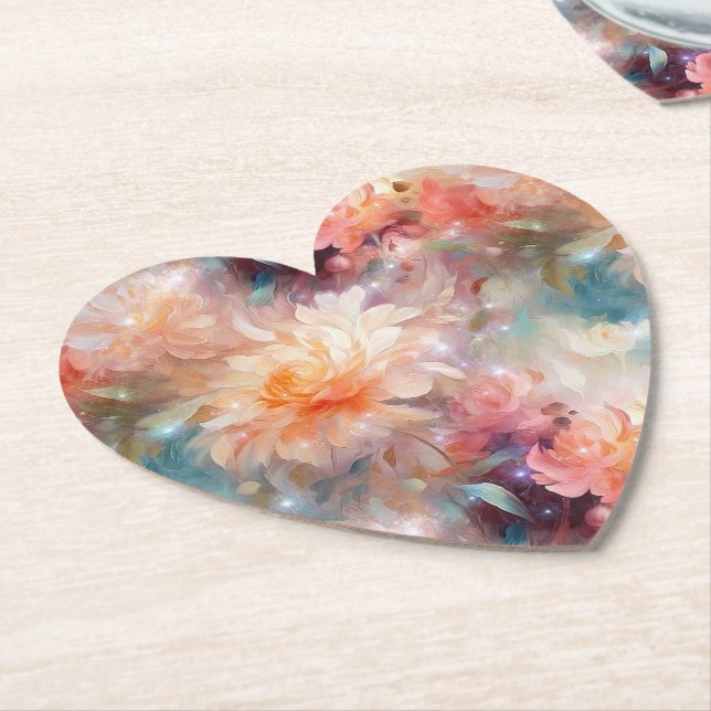 Dessous-de-verre En Papier Rose Rouge Pêche Orange Floral  (Incliné)