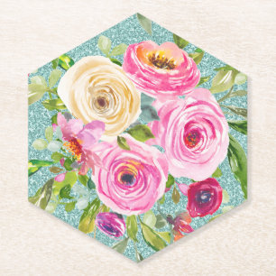 Dessous-de-verre En Papier Roses d'aquarelle en Parties scintillant Aqua rose