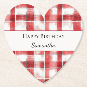 Dessous-de-verre En Papier Rouge Blanc Carreaux Rayures Anniversaire