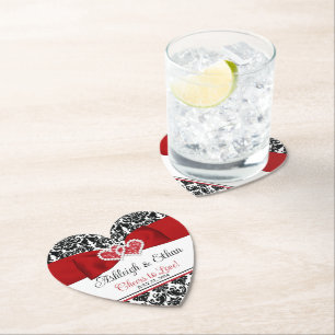 Dessous-de-verre En Papier Rouge, Noir, Blanc Damas Amour Coeurs Mariage