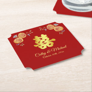 Dessous-de-verre En Papier Rouge orange floral chinois mariage double bonheur